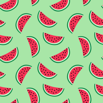 slice of red watermelon on a green background pattern summer sweet seamless vector