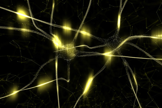 Artistic yellow gold colored neurons in the brain illustration on black background. Selective focus used.
