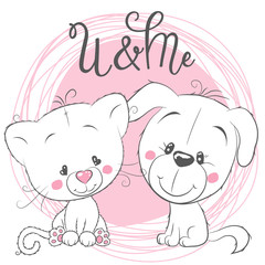 Cute Cat and Dog on a pink background