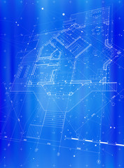 Obraz premium Architecture design: blueprint house plan & blue green technology radial background - vector illustration / eps10
