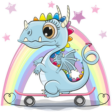 Cute Dragon with skateboard on a rainbow background
