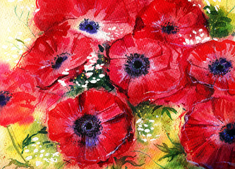 Hand drawn stylized watercolor illustration of abstract red poppy flowers on decorative textured background