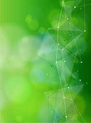 eco conceptual background - green bokeh and white structure in the form of waves from points connected by lines & triangles / illustration for eco friendly design & modern innovations / vector - eps10 - 207045382