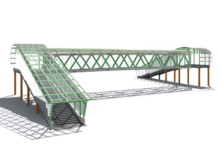 Modern elevated pedestrian crossing of glass and metal. 3D rendering. Structure of metal beams, concrete columns and glass. Isolated on white background.