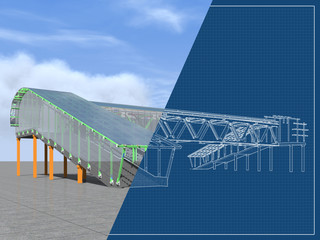 Modern elevated pedestrian crossing of glass and metal. 3D rendering. Structure of metal beams, concrete columns and glass. Drawing blueprint and a model.