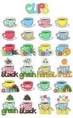 Illustration of cups for tea and coffee with different ingredients. Use for menu tea and coffee bars. Vector illustration drawn by freehand.