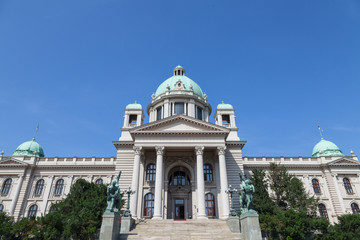Main entrance to the National Assembly of the Republic of Serbia in Belgrade. Also known as Narodna Skupstina, it is the seat of the National Assembly of Serbia, the parliament of the country.