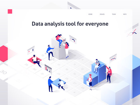 People in a team build a time schedule and interact with graphs. Landing page template. 3d isometric illustration