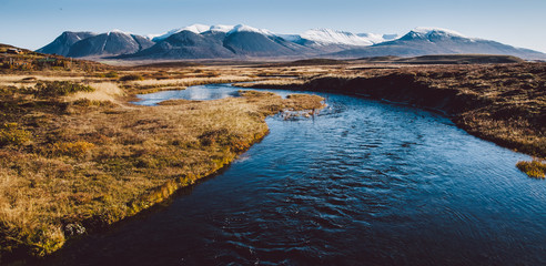 Fototapeta na wymiar Icelandic landscapes full of green grass, sea and blue sky.