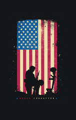 Never Forgotten Memorial Day Fallen Soldier Silhouette American Flag Freedom Fourth of July September 11 4th of July  Independence Day 9/11 - obrazy, fototapety, plakaty