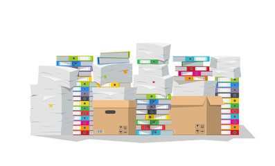 Vector illustration. Pile of paper documents and file folders on white background.