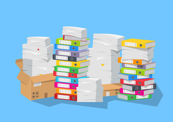 Vector illustration. Lot of paperwork with documents and folders.