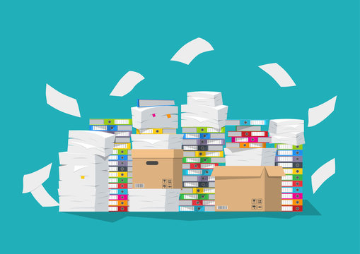 Vector illustration. Pile of paper documents and file folders.