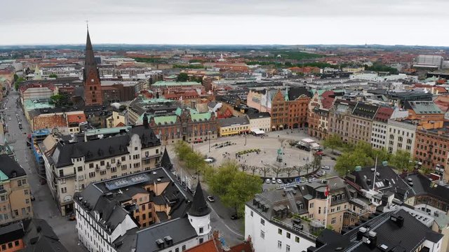 Aerial view of cityscape of Malmo, capital city of Scania, historic center of city, brightly coloured houses, Stortorget Square - landscape of Sweden from above, Scandinavia, Europe, 4k UHD