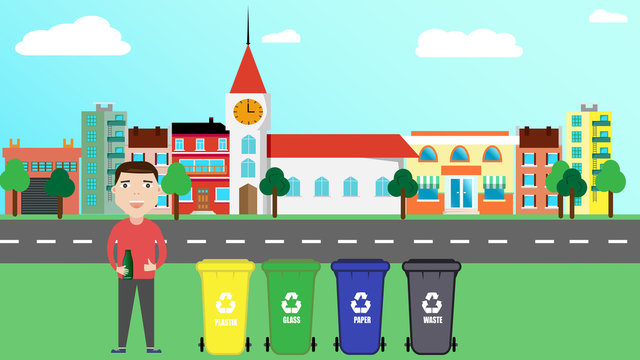 separate garbage waste. concept of processing waste and garbage. man stands near garbage containers with waste for glass, plastic, paper, household waste with bottle  against backdrop of modern city