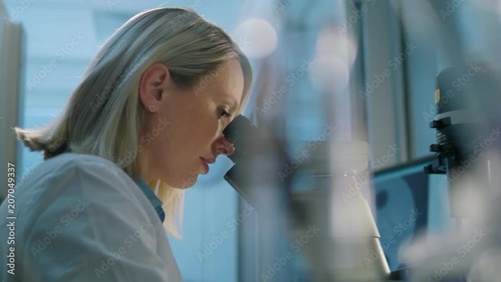 Wall mural young life scientist looking through a microscope in a laboratory.