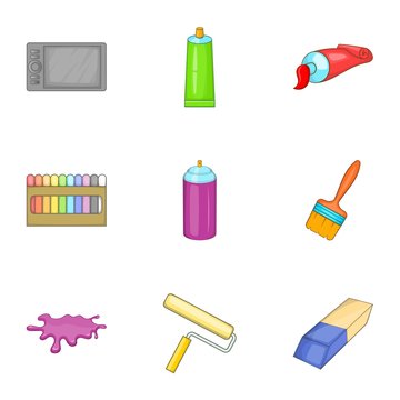 Drawing and painting tool icons set. Cartoon illustration of 9 drawing and painting tool vector icons for web