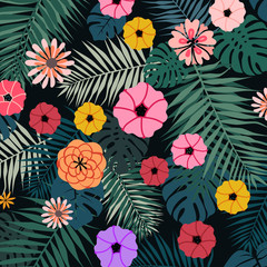 Tropical vector illustration with bright flowers