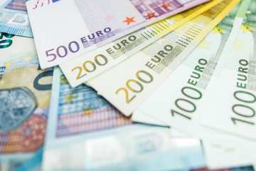 Euro cash. Many Euro banknotes of different values.