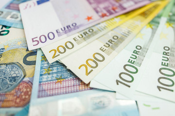Euro cash. Many Euro banknotes of different values.