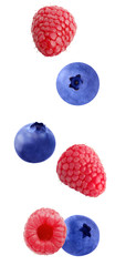  Flying raspberry and blueberry fruits isolated on white background