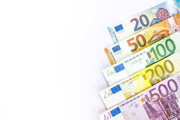 Euro cash. Many Euro banknotes of different values.