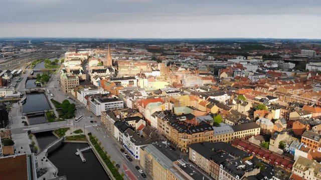 Aerial view of cityscape of Malmo, capital city of Scania, historic center of city, brightly coloured houses, Stortorget Square - landscape of Sweden from above, Scandinavia, Europe, 4k UHD