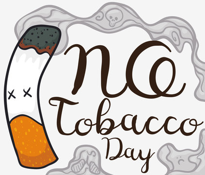 Dead Cigarette with Doodles in Smoke for No Tobacco Day, Vector Illustration