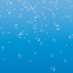 Bubbles in water on blue background horizontal seamless pattern. Circle and liquid, light design, clear soapy shiny, vector illustration