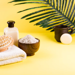 Spa bath setting, sea salt in wooden bamboo bowl, soap, towel, body lotion, Asian skin care