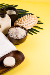 Spa bath setting, sea salt in wooden bamboo bowl, soap, towel, body lotion, Asian skin care