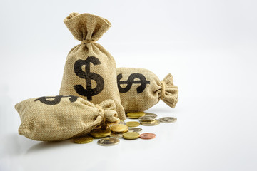 Money saving, investment and rich or wealth management concept : Dollar or cash in hemp bag or...