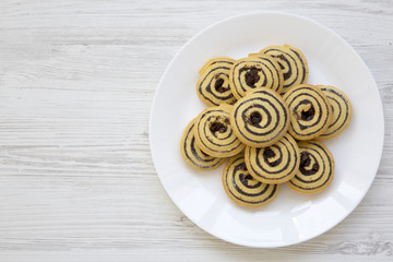Freshly baked cookies on a plate, top view. Flat lay. Copy space.