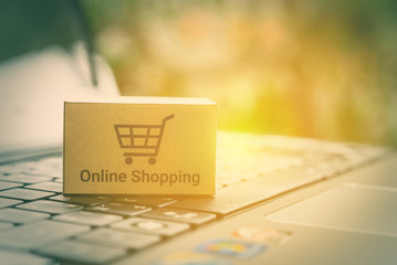 Online shopping / ecommerce and delivery service concept : Paper cartons with a shopping cart or...