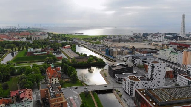 Aerial view of cityscape of Malmo, capital city of Scania, city canals, mixture of historic and modern architecture, Malmö Castle - landscape of Sweden from above, Scandinavia, Europe