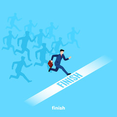 a man in a business suit with a briefcase in his hand crosses the finish line first, an isometric image