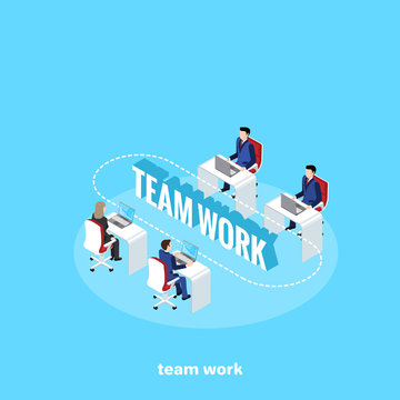 people in business suits work in the office as a team, an isometric image