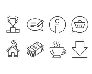 Set of Shopping cart, Winner podium and Message icons. Coffee, Usd currency and Downloading signs. Dreaming of gift, Competition results, Speech bubble. Cappuccino, Buying commerce, Load information