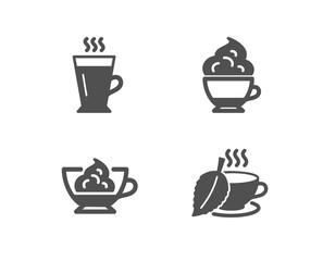 Set of Cappuccino cream, Espresso cream and Latte icons. Mint tea sign. Cafe con panna, Tea glass mug, Mentha beverage.  Quality design elements. Classic style. Vector