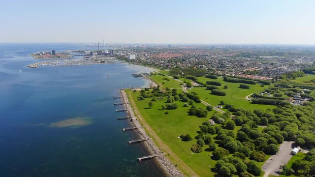Aerial view of coastal area of Malmo, capital city of Scania, seascape of Baltic Sea - landscape of Sweden from above, Scandinavia, Europe, 4k UHD
