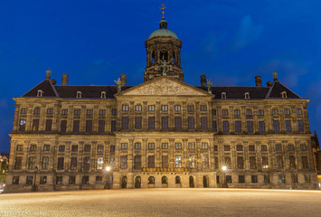 Royal Palace in Amsterdam on the Dam Square in the evening. Netherlands