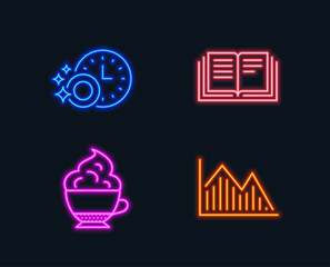 Neon lights. Set of Dishwasher timer, Education and Cappuccino cream icons. Investment graph sign. Cleaning dishes, Instruction book, Coffee with whipped cream. Investment infochart. Vector
