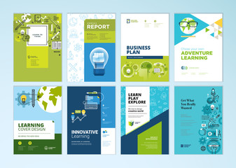Set of brochure design templates on the subject of education, school, online learning. Vector illustrations for flyer layout, marketing material, annual report cover, presentation template.