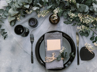 Wedding table decorations. Linen napkin with card for text
