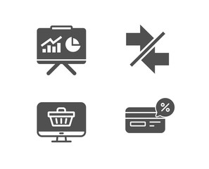Set of Synchronize, Web shop and Presentation icons. Cashback sign. Communication arrows, Shopping cart, Board with charts. Non-cash payment.  Quality design elements. Classic style. Vector