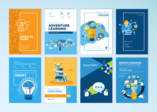 Set of brochure design templates on the subject of education, school, online learning. Vector illustrations for flyer layout, marketing material, annual report cover, presentation template.