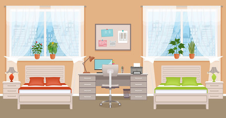Bedroom interior design with two beds, table, desktop computer and window. Boy and girl bedroom. Domestic room design
