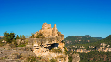 Fototapeta na wymiar View of the ruins of the castle of Siuran, Tarragona, Catalunya, Spain. Copy space for text.