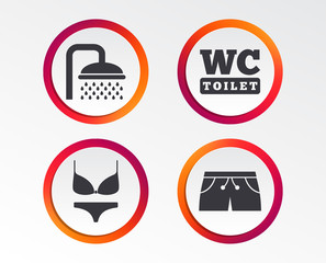 Swimming pool icons. Shower water drops and swimwear symbols. WC Toilet sign. Trunks and women underwear. Infographic design buttons. Circle templates. Vector