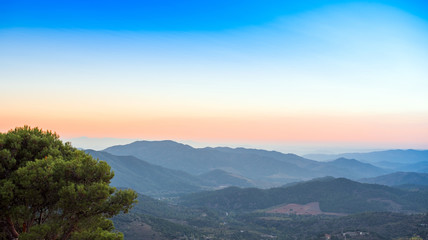 View of the mountain landscape at sunset in Siurana de Prades, Tarragona, Spain. Copy space for text.